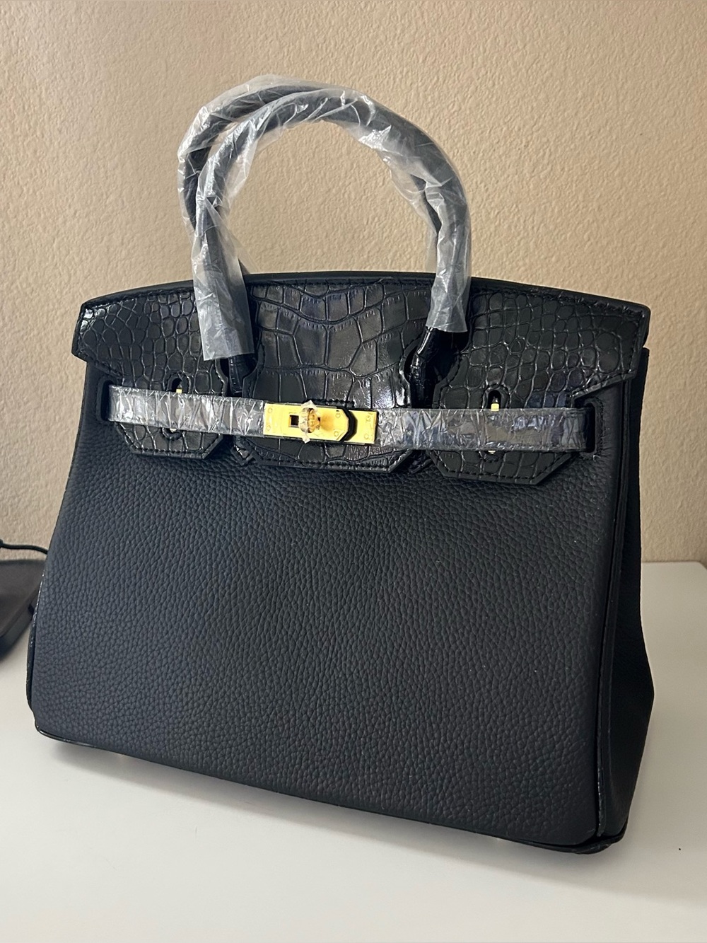 30cm Gold on Black Top Handle Leather Satchel BK Style